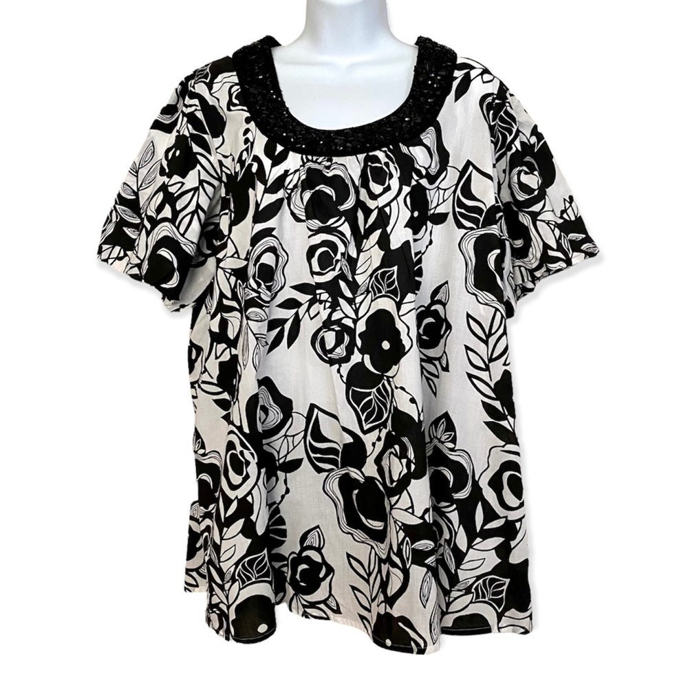 Black White Cotton Blouse Plus Size 14W Beaded Floral Peasant Casual Spring